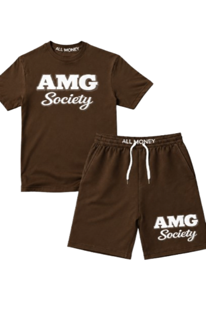 AMG Society All Money Puff Print Short Set — Espresso Brown