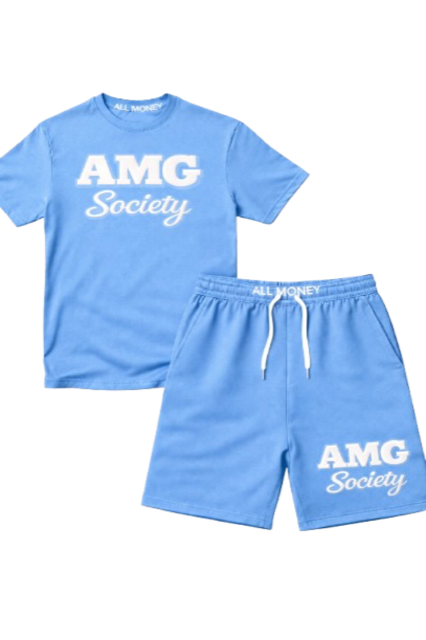 AMG Society All Money Puff Print Short Set — Carolina Blue