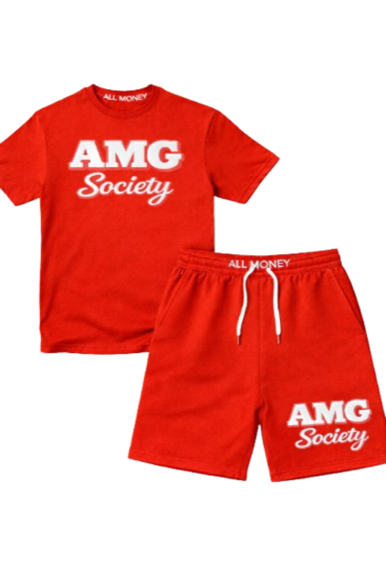 AMG Society All Money Puff Print Short Set — Crimson Red