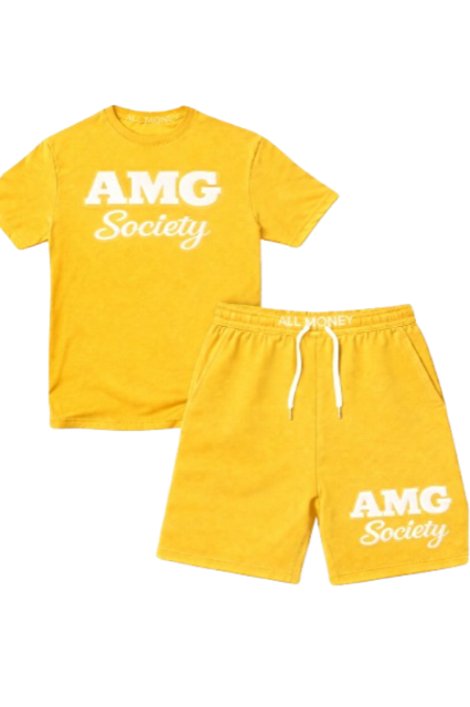 AMG Society All Money Puff Print Short Set — Gold Yellow